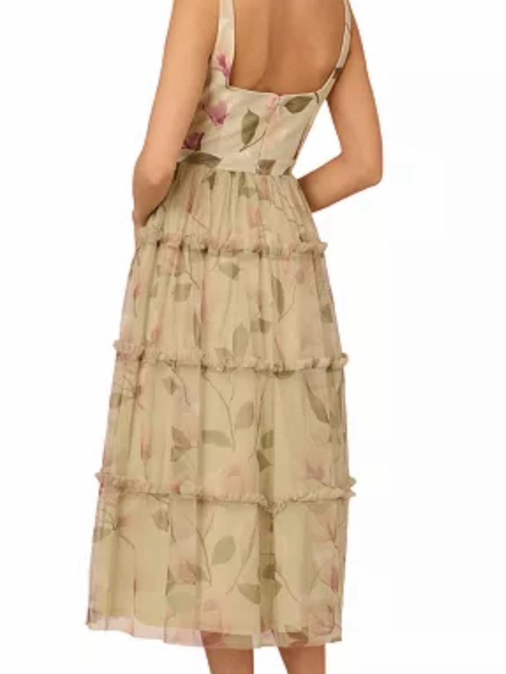 Adrianna Papell Olive Floral Tiered Midi Dress with Pink Blooms - Picture 3 of 4